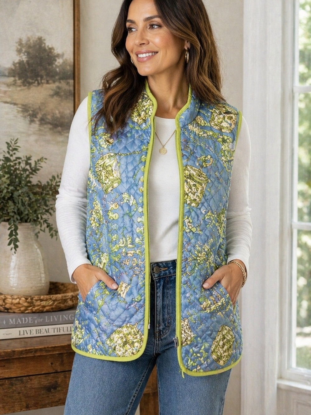 SilkLand 100% Silk Quilted Vest Blue Green Baroque Print 2XL